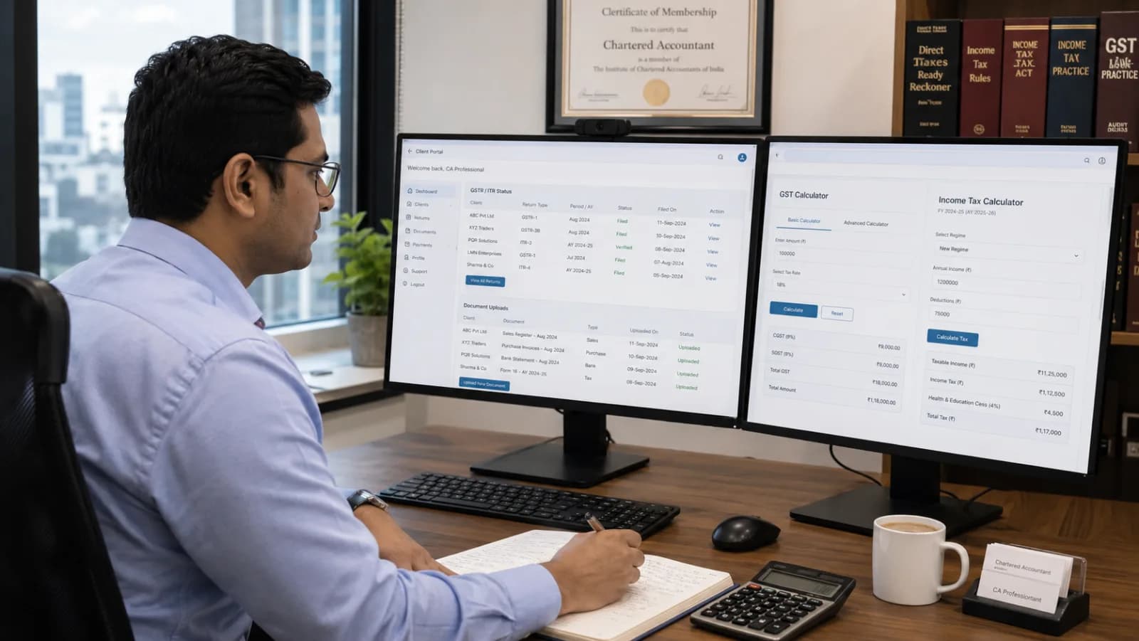 Indian Chartered Accountant reviewing client portal with GST returns, ITR tracking, and document uploads visible on dual monitors