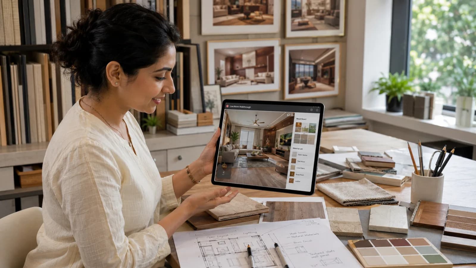 Indian interior designer presenting 3D walkthrough of luxury home design on tablet with material samples and mood board visible