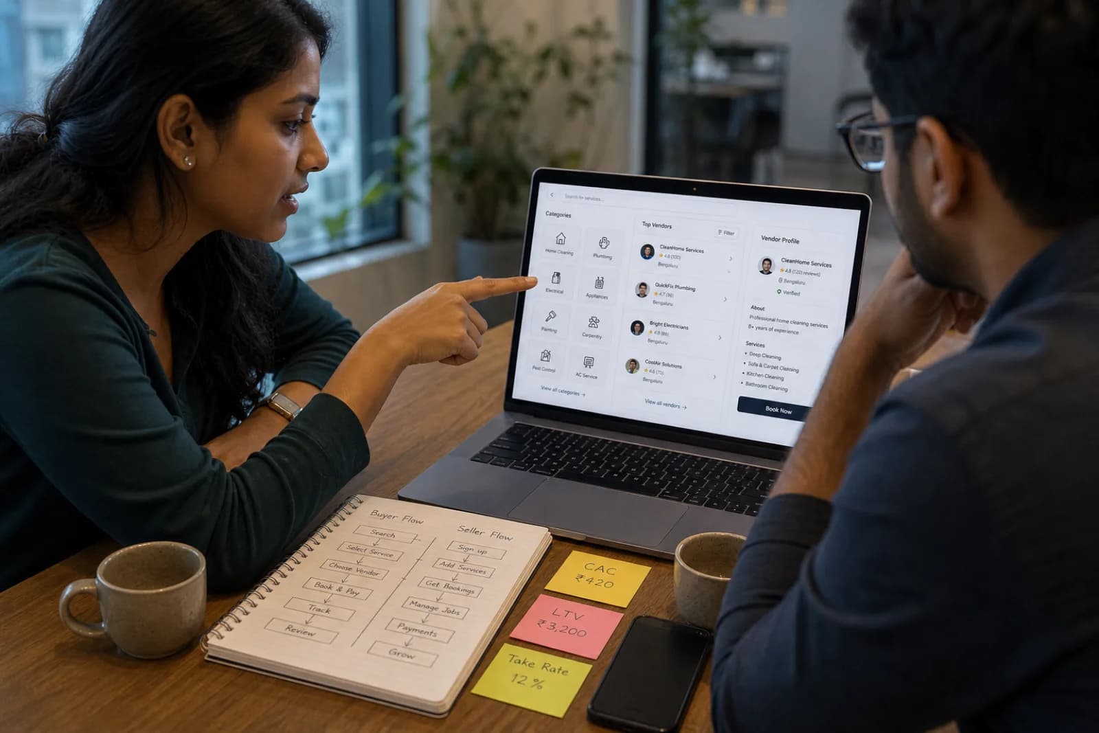 Indian marketplace app founder reviewing platform metrics dashboard with vendor and buyer activity in real-time