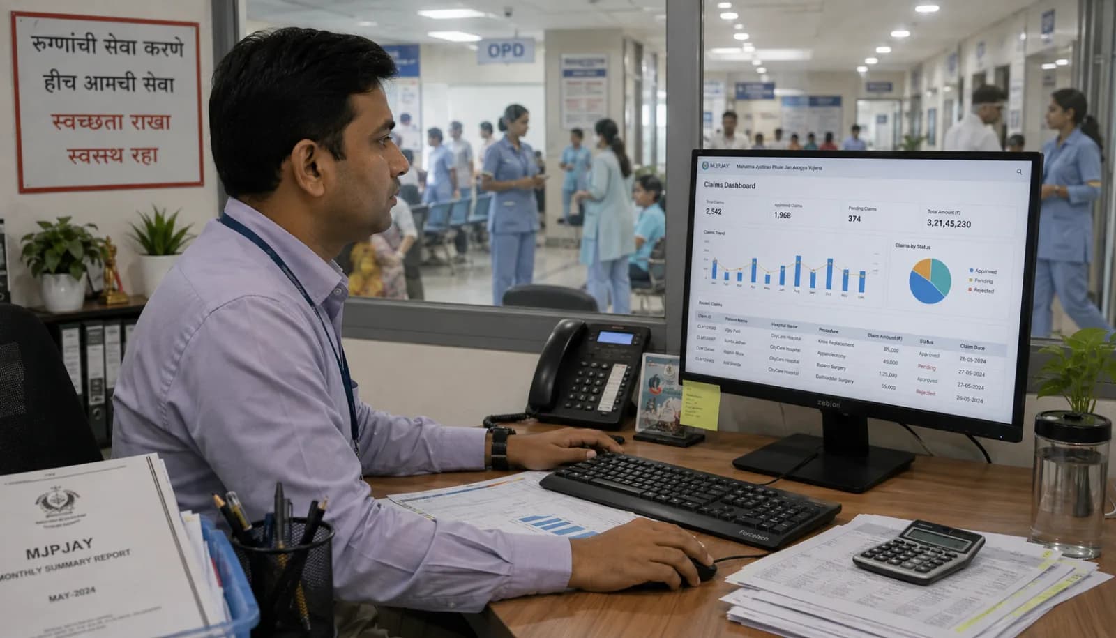 Maharashtra hospital administrator reviewing MJPJAY claims dashboard on SHAS jeevandayee.gov.in portal with ABDM compliance status visible