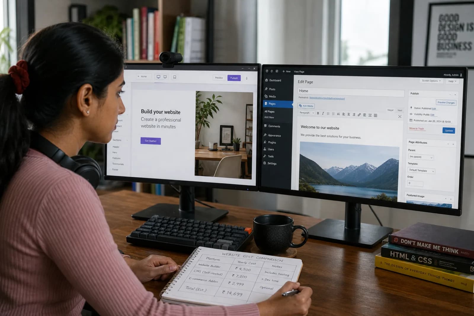 Indian website designer comparing Webflow and WordPress on dual monitors with cost comparison spreadsheet visible