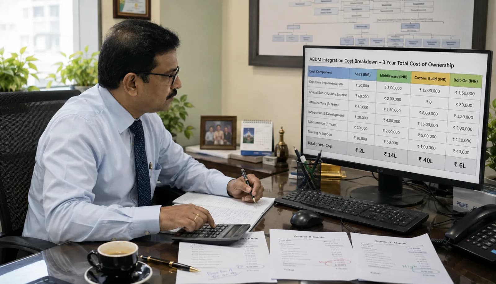 Indian hospital administrator reviewing ABDM integration cost breakdown spreadsheet with 4 path options and ROI calculation