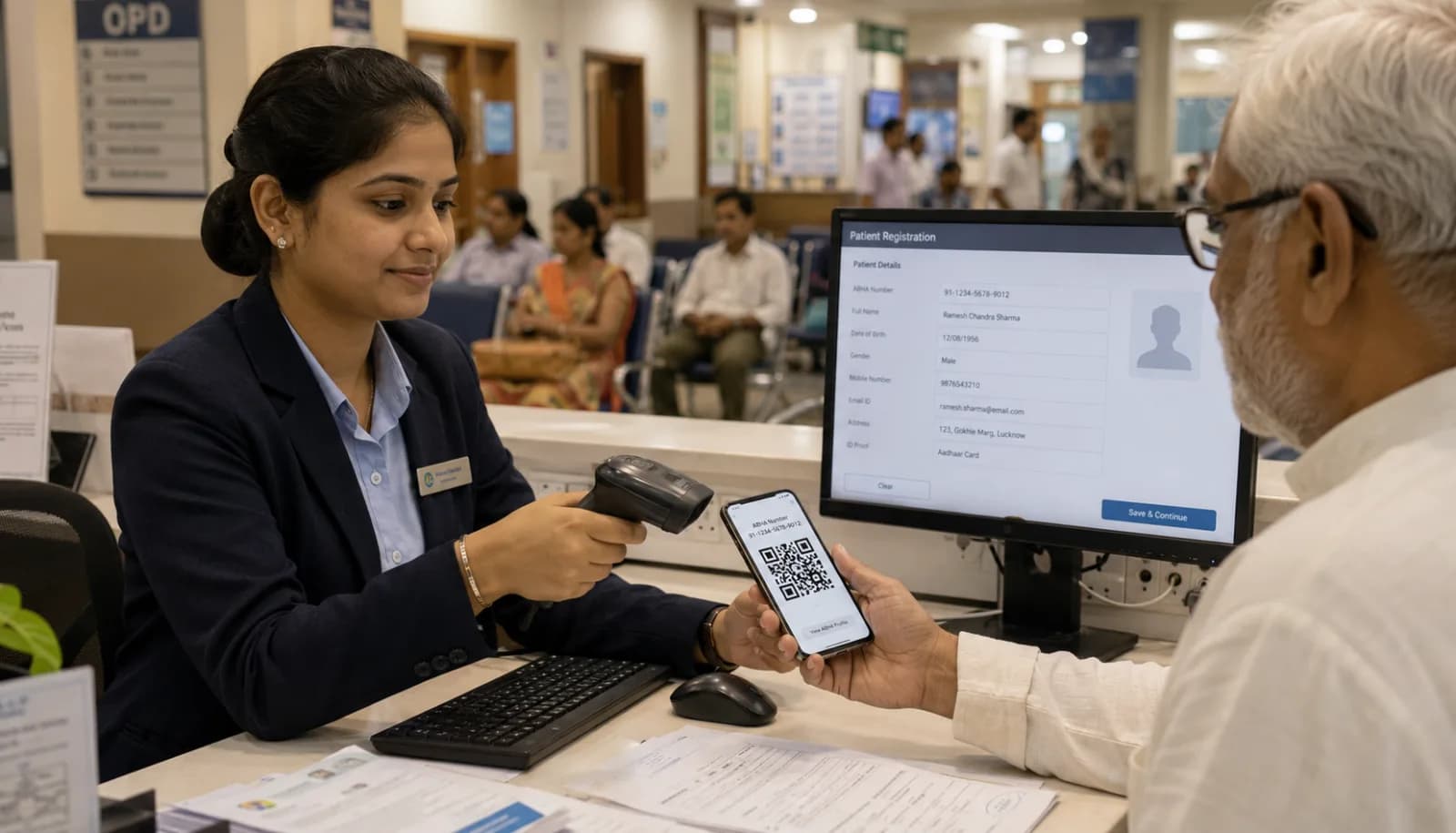 Indian hospital receptionist scanning patient ABHA QR code at OPD with hospital management software dashboard showing ABHA verification status