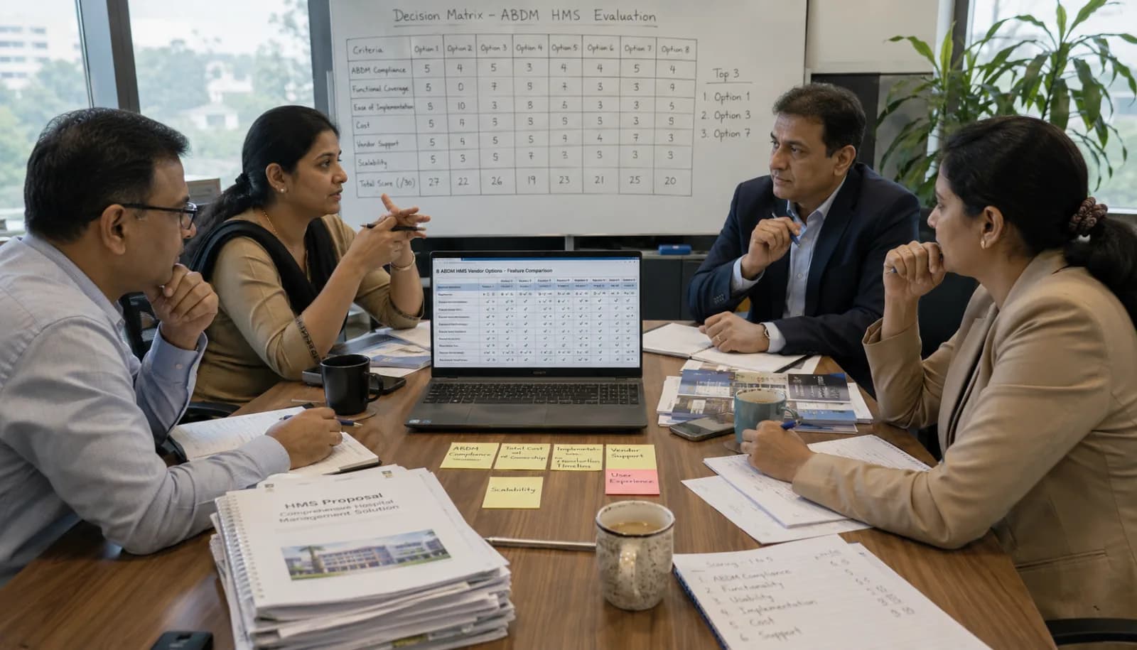 Indian hospital management evaluating 8 ABDM-compliant hospital software vendors with comparison table showing pricing, features, and M1/M2/M3 certification status