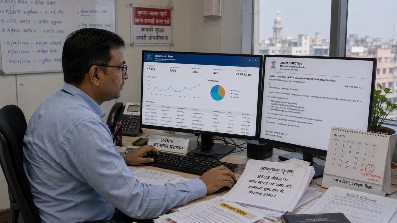 Bihar hospital administrator reviewing BSSS BISWASS portal claim adjudication dashboard with ABDM compliance status and SAFU monitoring visible