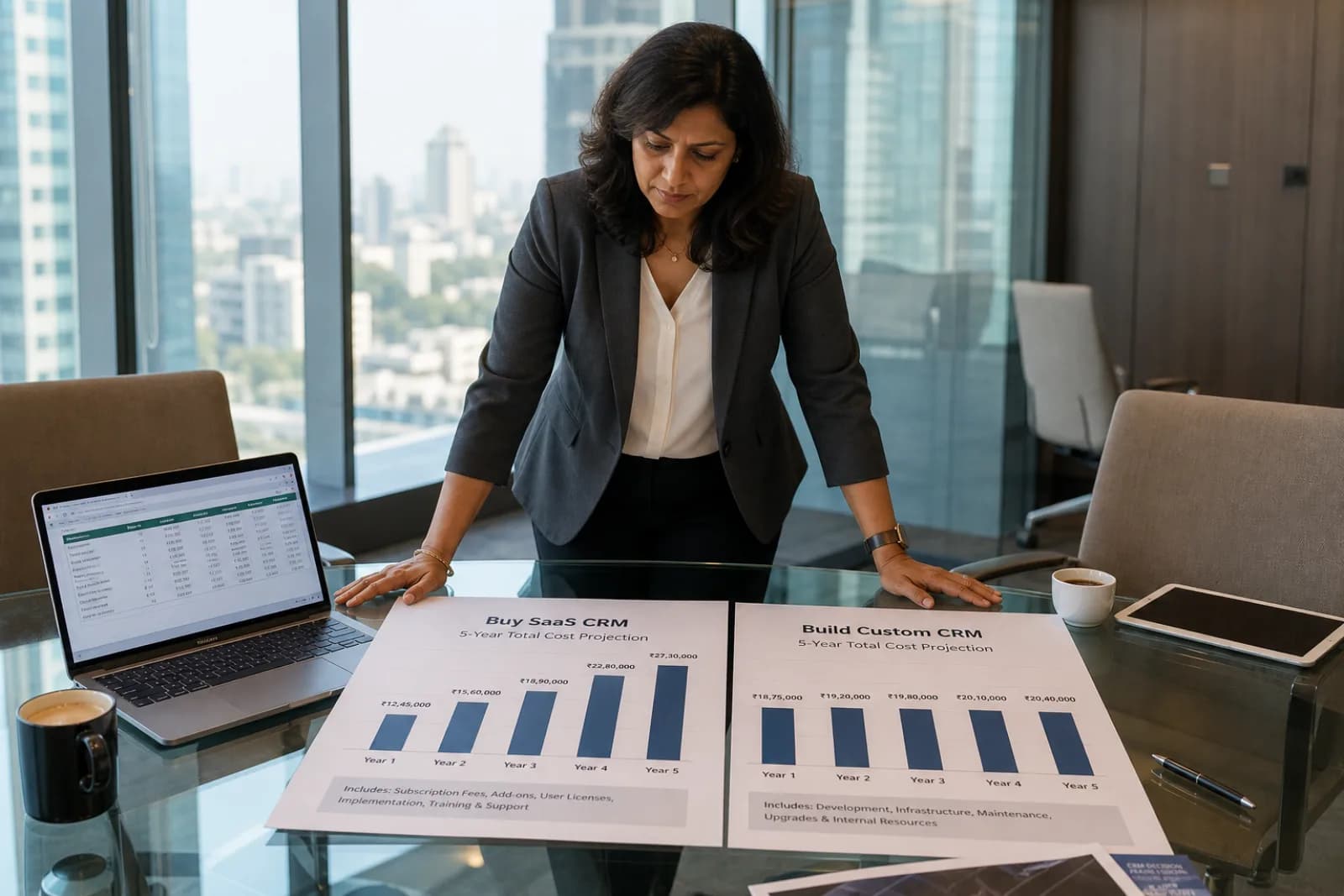 Indian business owner reviewing CRM dashboard comparing Zoho SaaS vs custom-built CRM cost projections