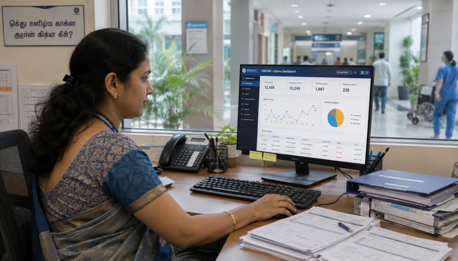 Tamil Nadu hospital administrator reviewing PMJAY-CMCHIS claims and cmchistn.com portal with ABHA capture and ABDM compliance status visible