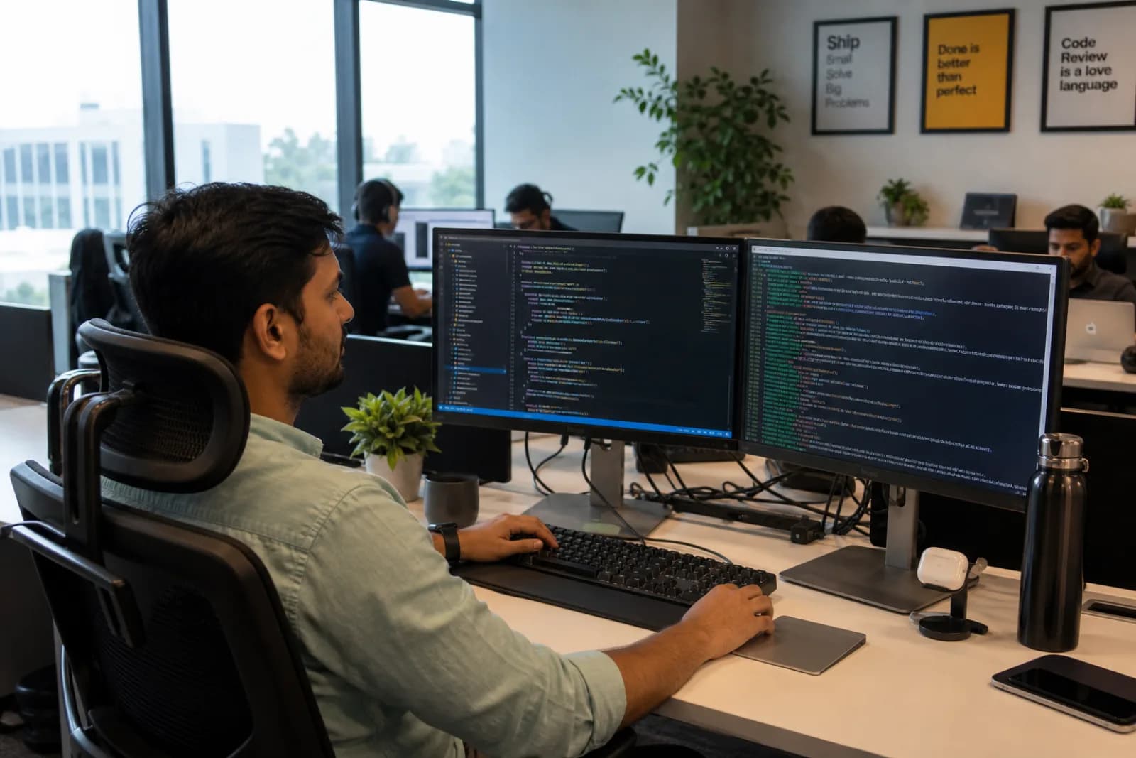 Indian Node.js developer working at a workstation in a Bengaluru office, focused on TypeScript code on dual monitors