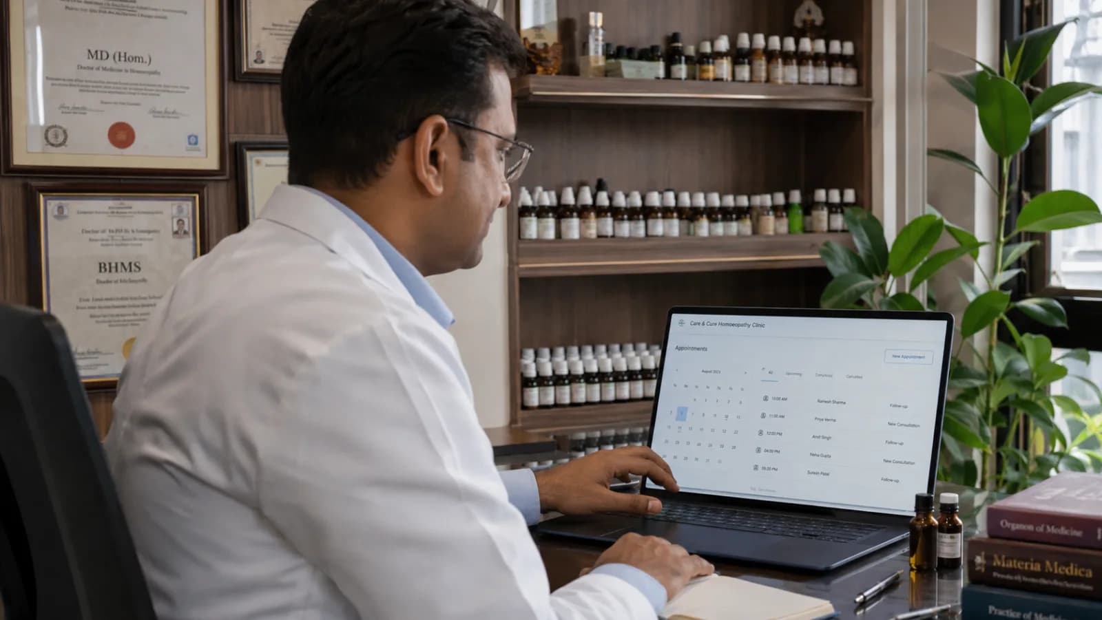 Homeopathy doctor reviewing online appointment booking dashboard on laptop with patient reviews and clinic calendar visible
