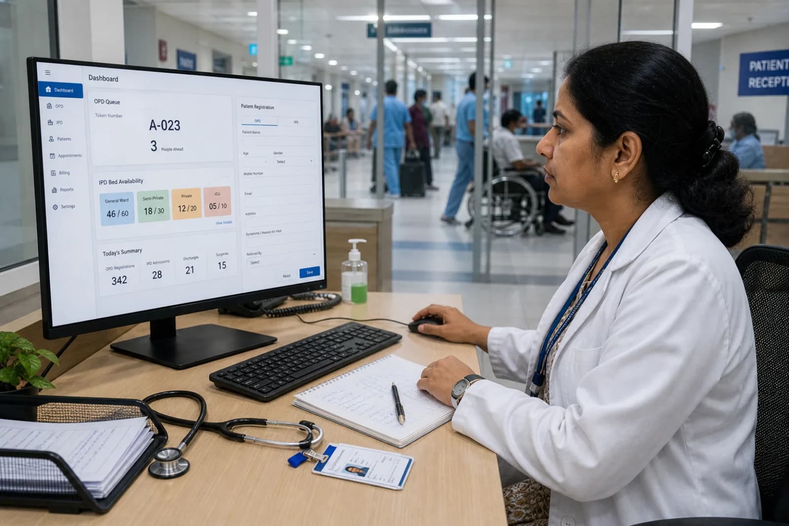 Indian hospital administrator reviewing ABDM-compliant patient management dashboard with OPD queue, IPD beds, ABHA integration, and HEM 2.0 compliance status visible