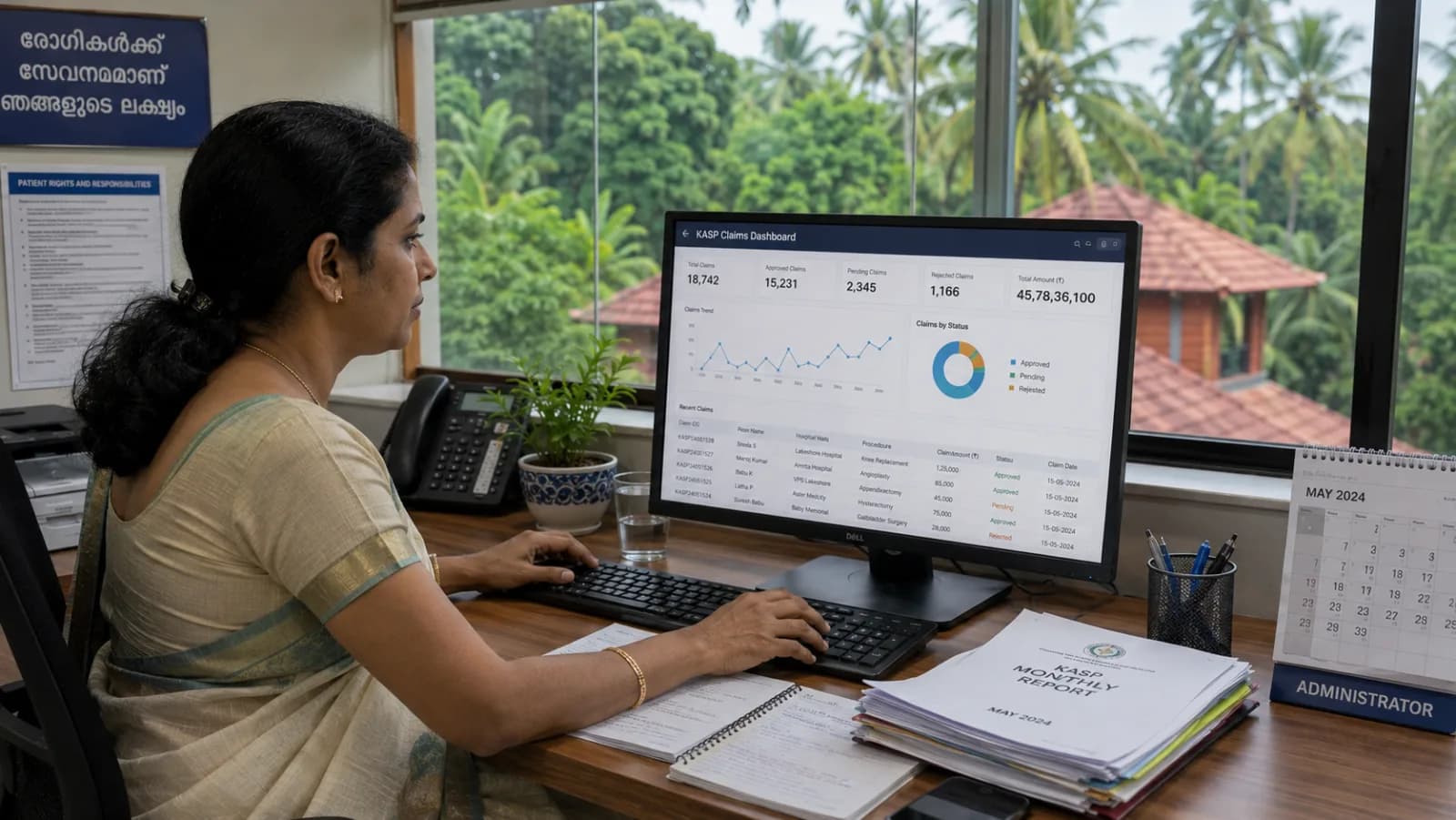 Kerala hospital administrator reviewing KASP claims on SHA Kerala portal with ABDM compliance and Malayalam UI visible