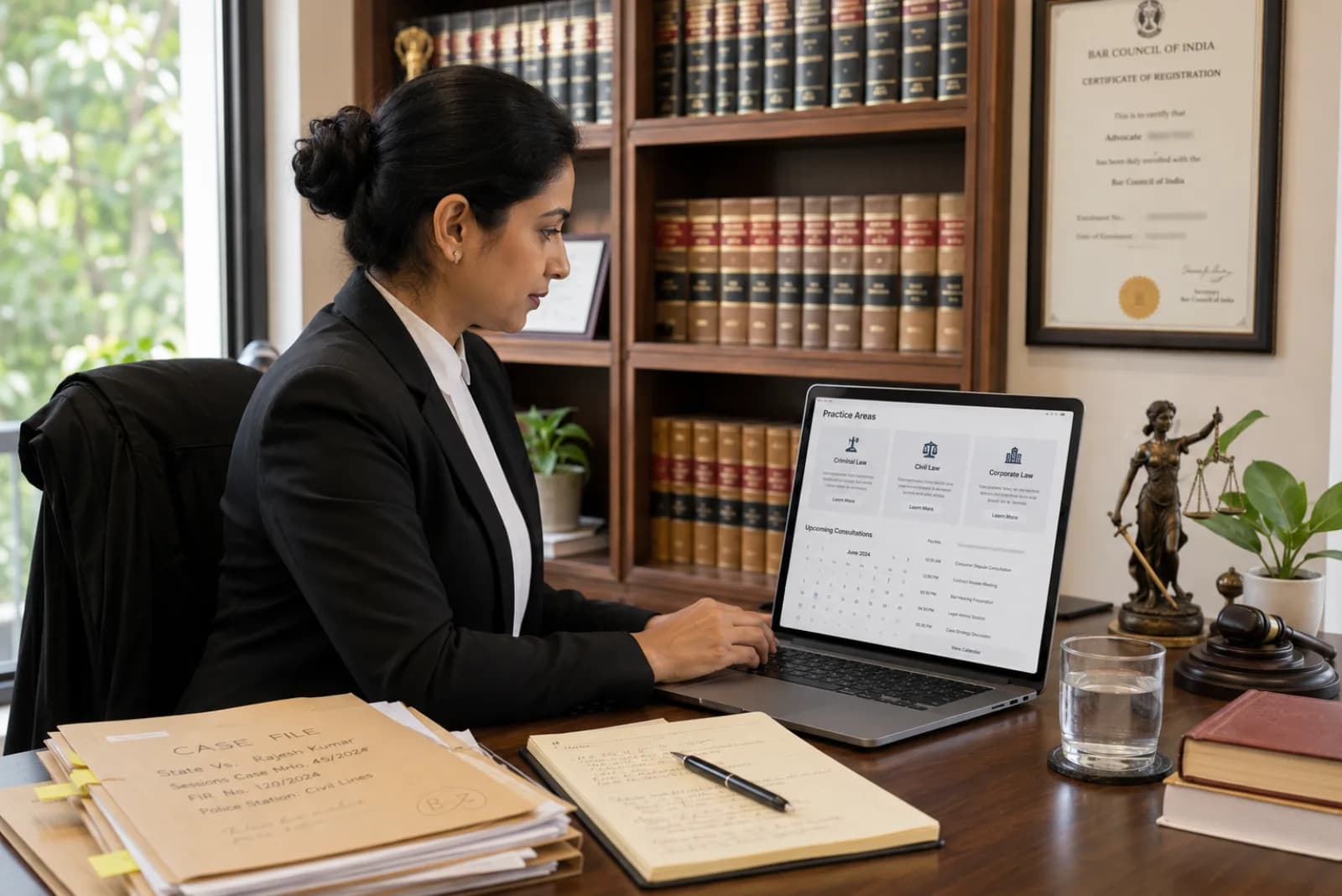 Indian advocate reviewing case management on laptop with practice areas, client consultation calendar, and document portal visible