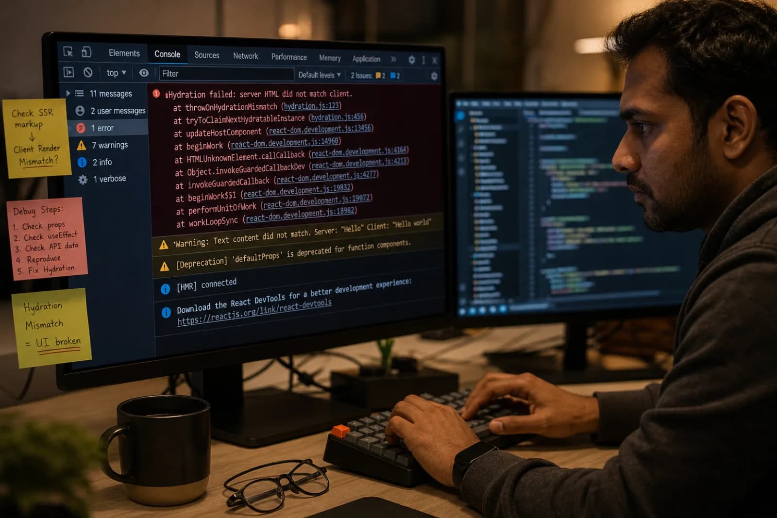 Next.js developer debugging hydration error in browser DevTools console with stack trace visible