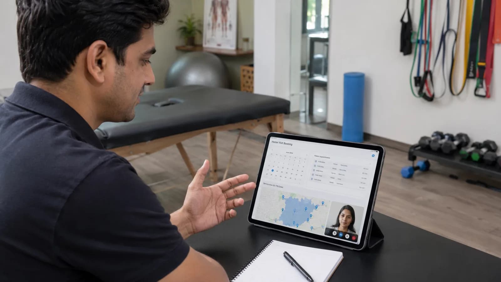 Indian physiotherapist consulting on tablet showing home visit booking dashboard with patient appointment calendar