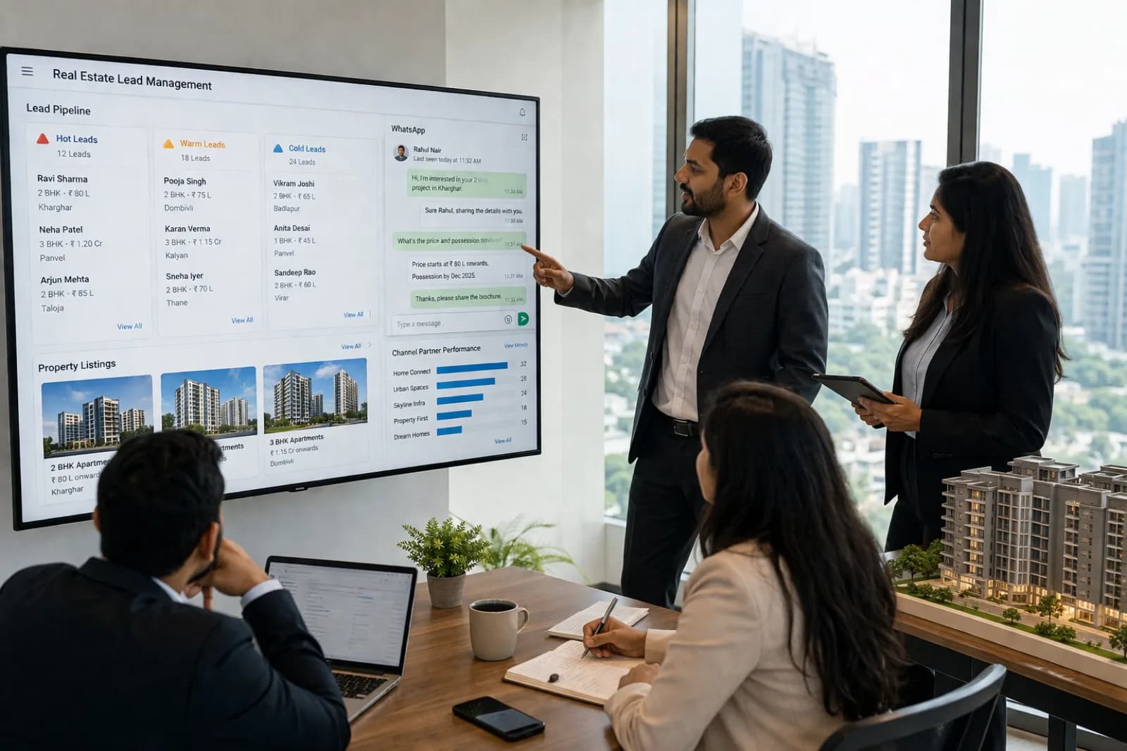 Indian real estate sales team reviewing lead pipeline dashboard with WhatsApp automation, channel partners, and project bookings