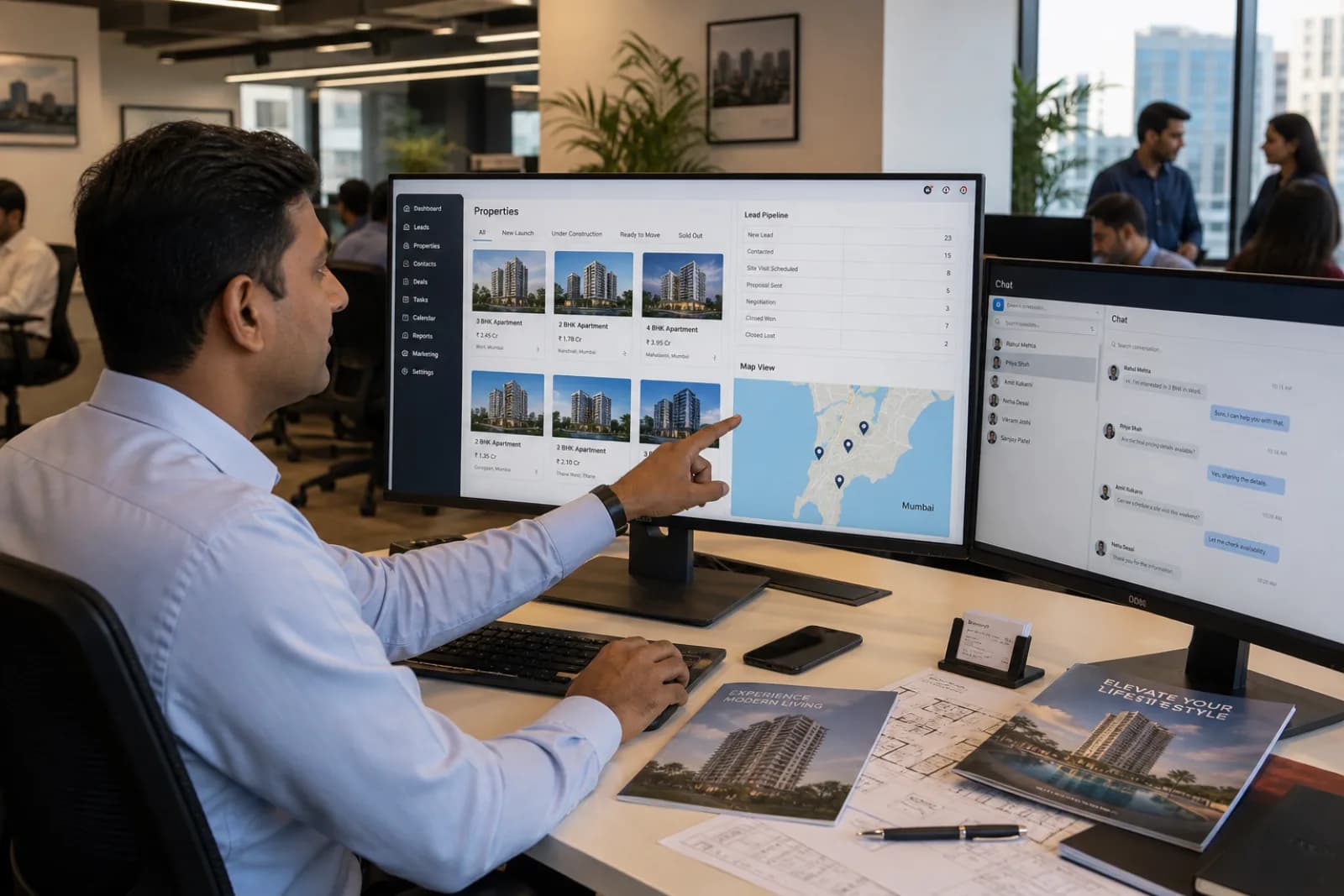 Indian real estate broker reviewing leads on CRM dashboard with project listings and WhatsApp inquiries integrated