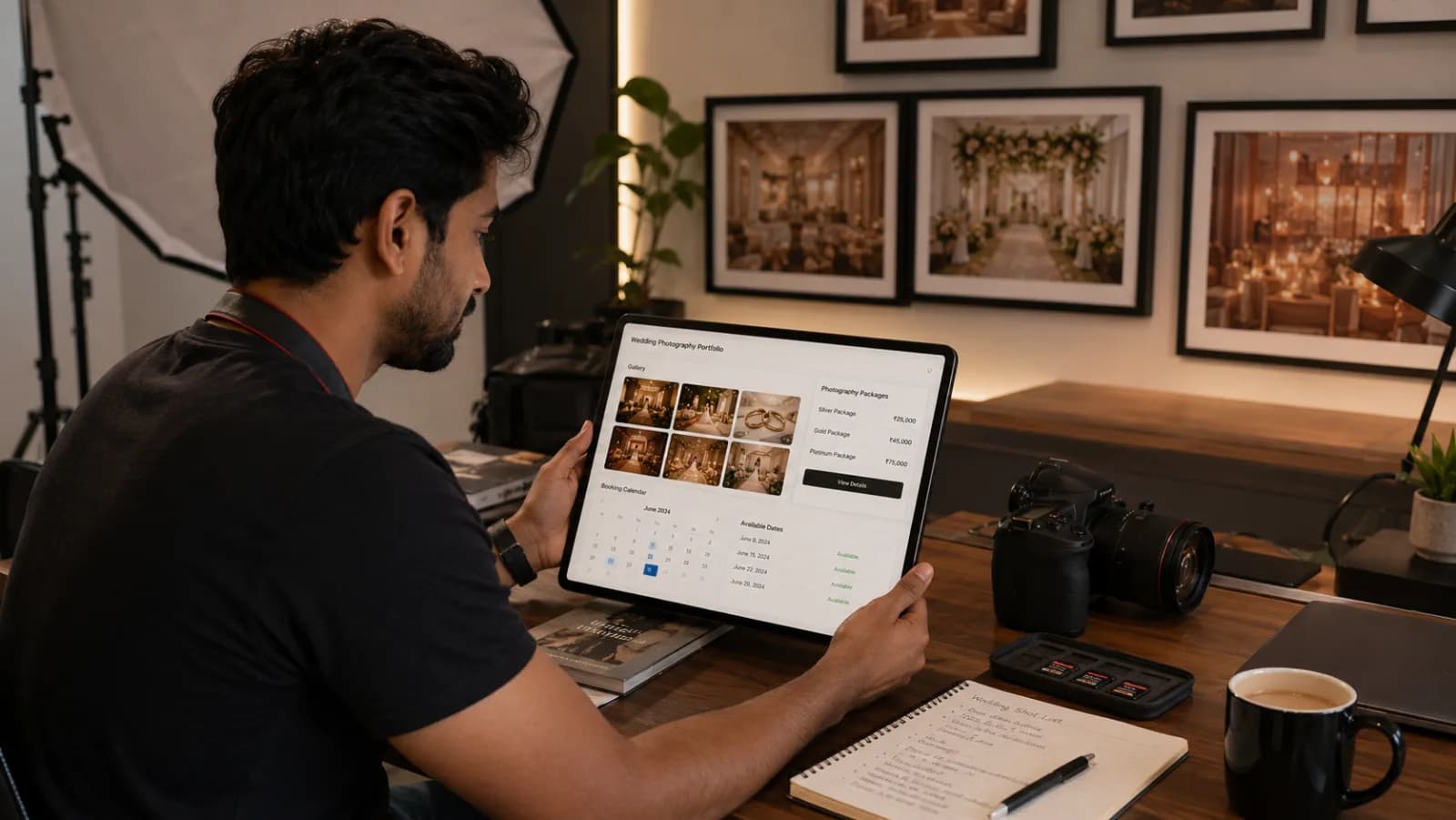 Indian wedding photographer reviewing portfolio website on tablet showing client gallery, booking calendar, and package pricing