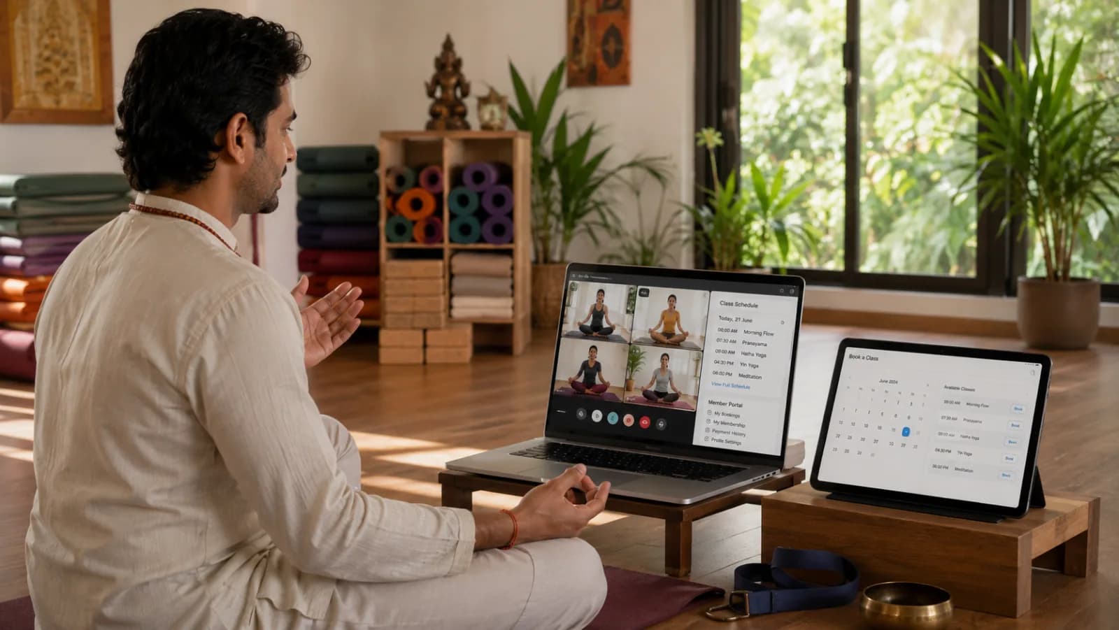 Indian yoga instructor leading online live class via laptop with class schedule and member portal visible on second monitor