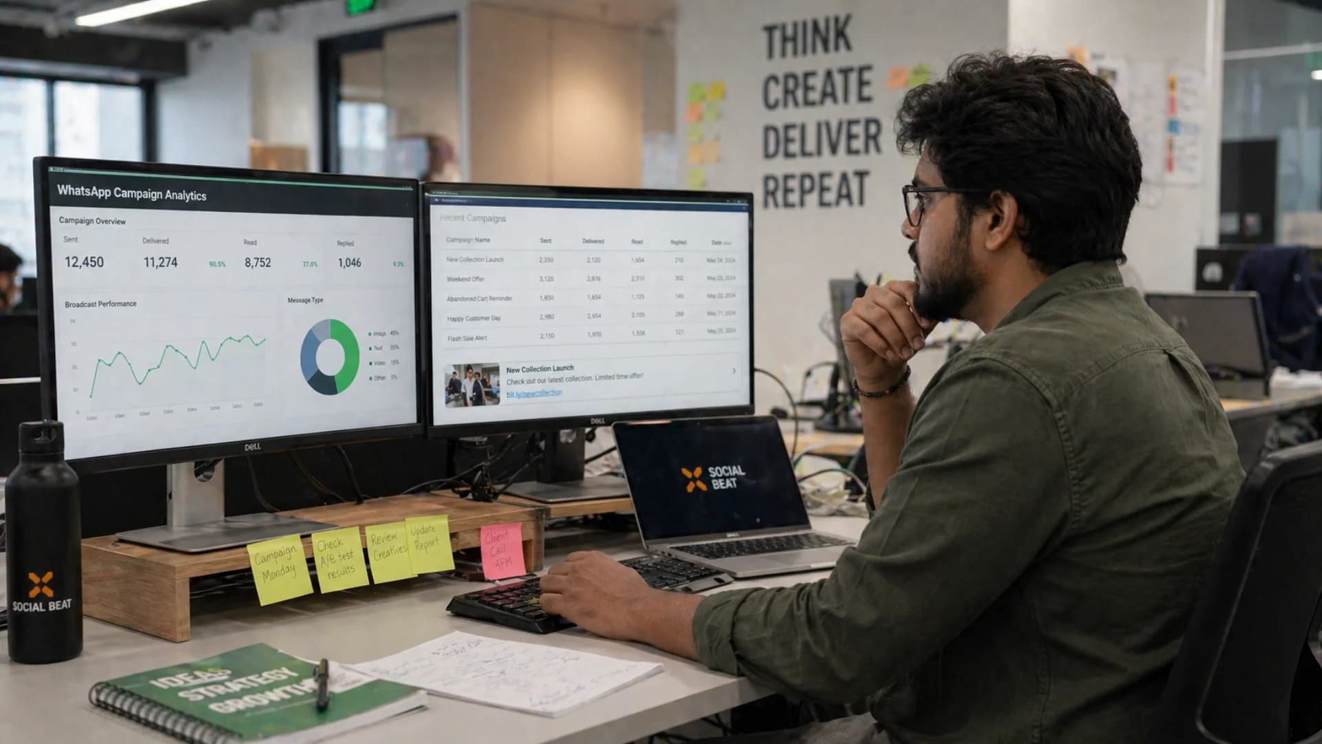 AiSensy WhatsApp Business API integration — Indian marketer reviewing WhatsApp campaign analytics on dual monitors