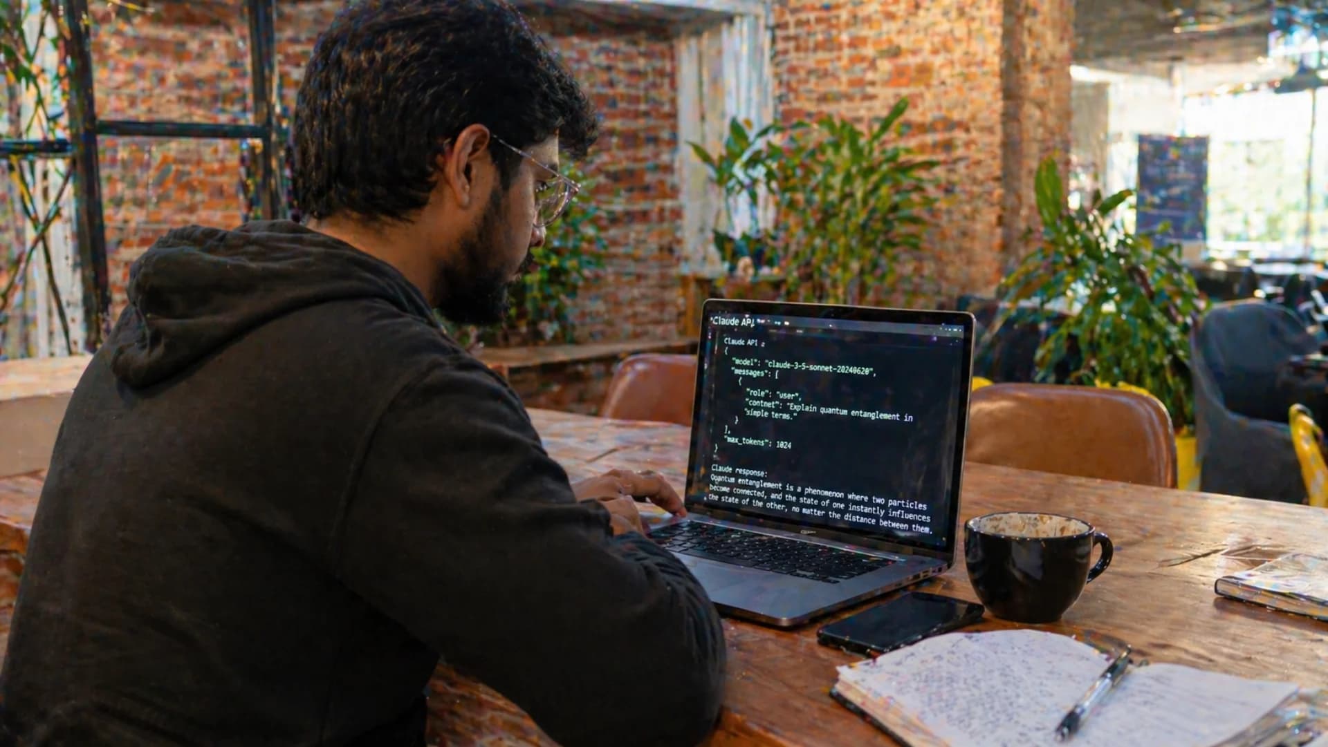 Claude (Anthropic) AI integration — Indian developer reviewing Claude API responses in Bangalore co-working space