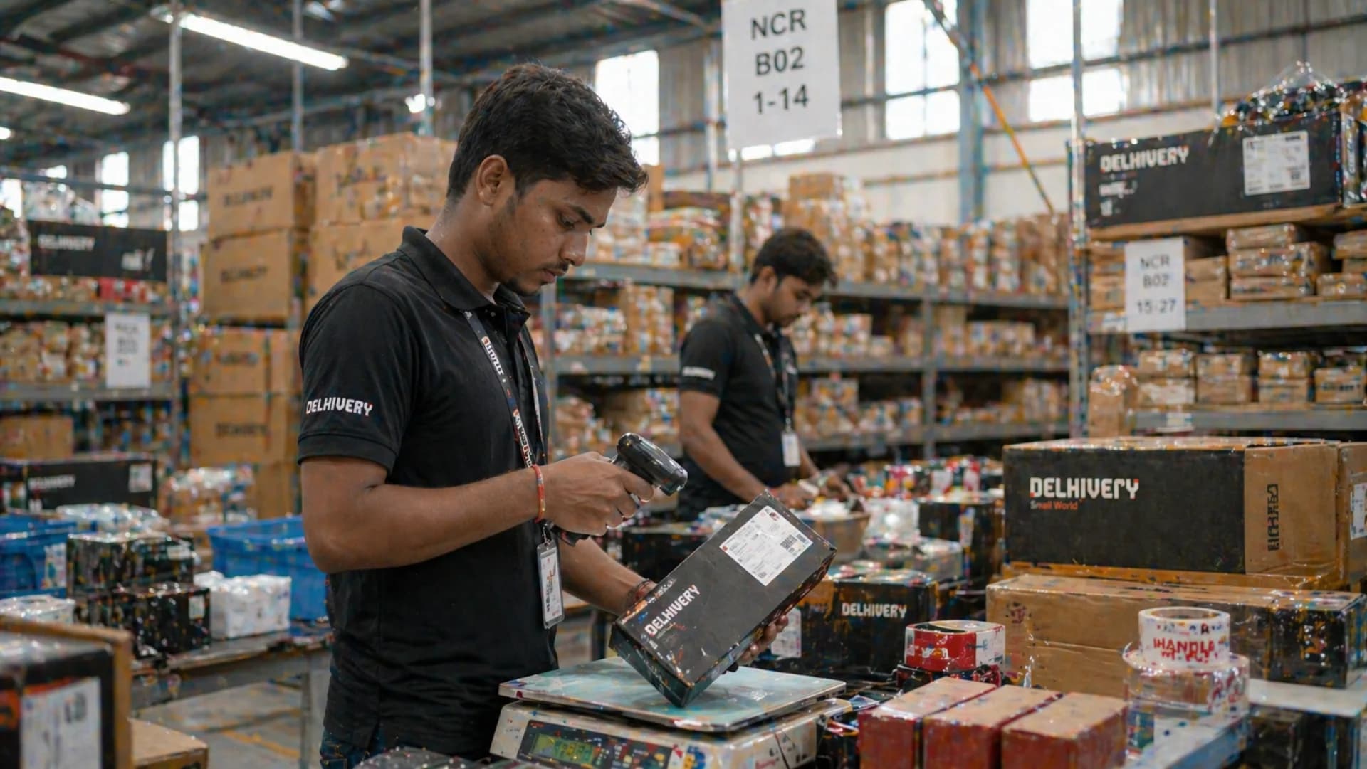 Delhivery direct API integration — busy Indian fulfillment warehouse with Delhivery branded boxes and AWB scanning