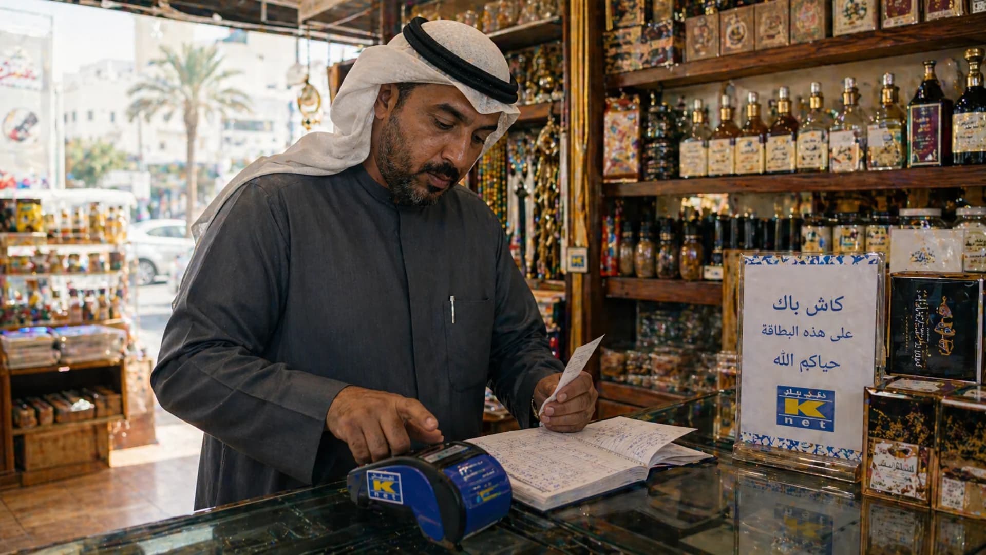 KNET payment integration in Kuwait — Kuwaiti shopkeeper reviewing KNET PoS terminal totals at Salmiya district shop