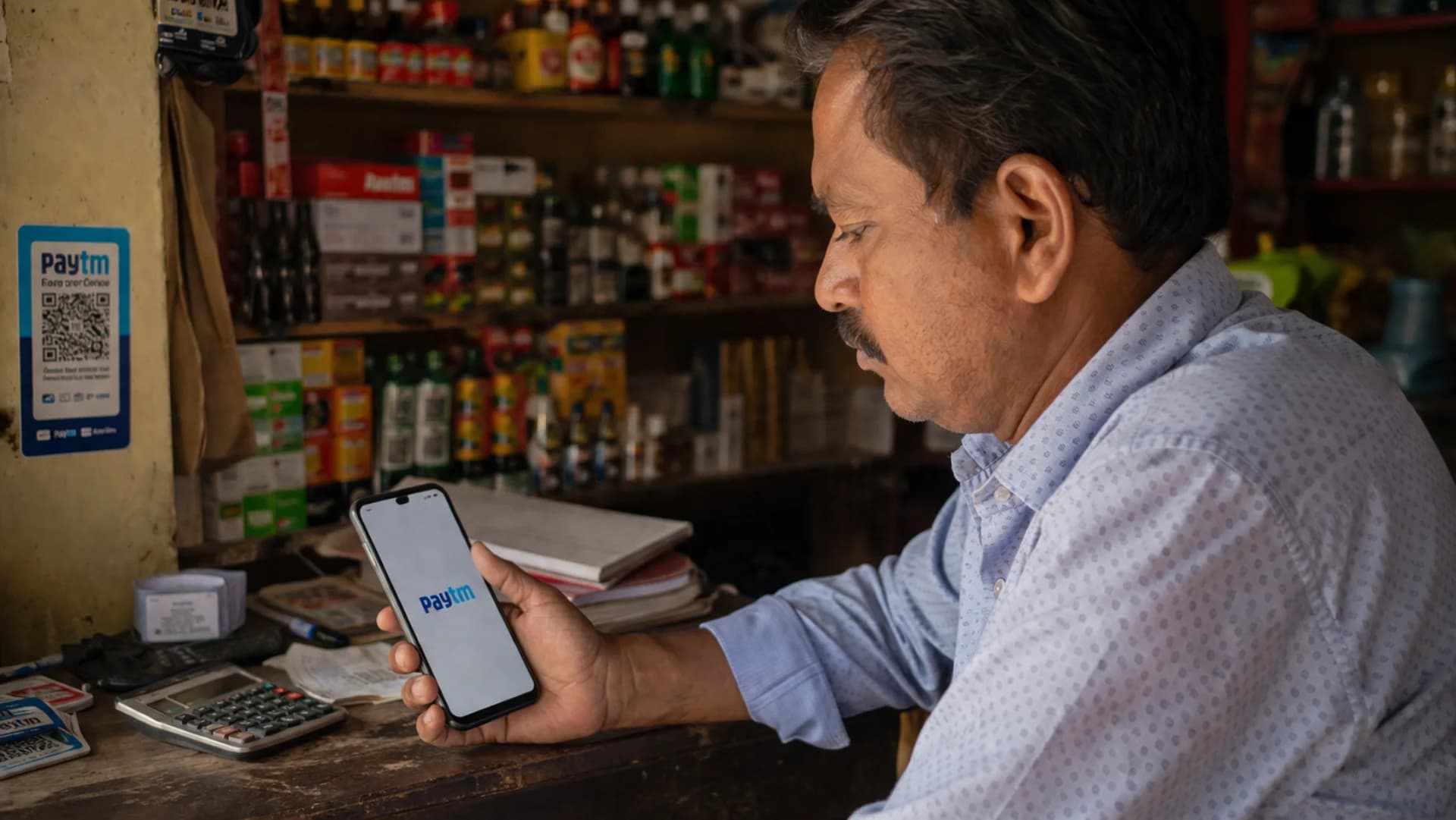 Indian small business owner accepting Paytm UPI payment via QR code at Tier-2 city shop counter