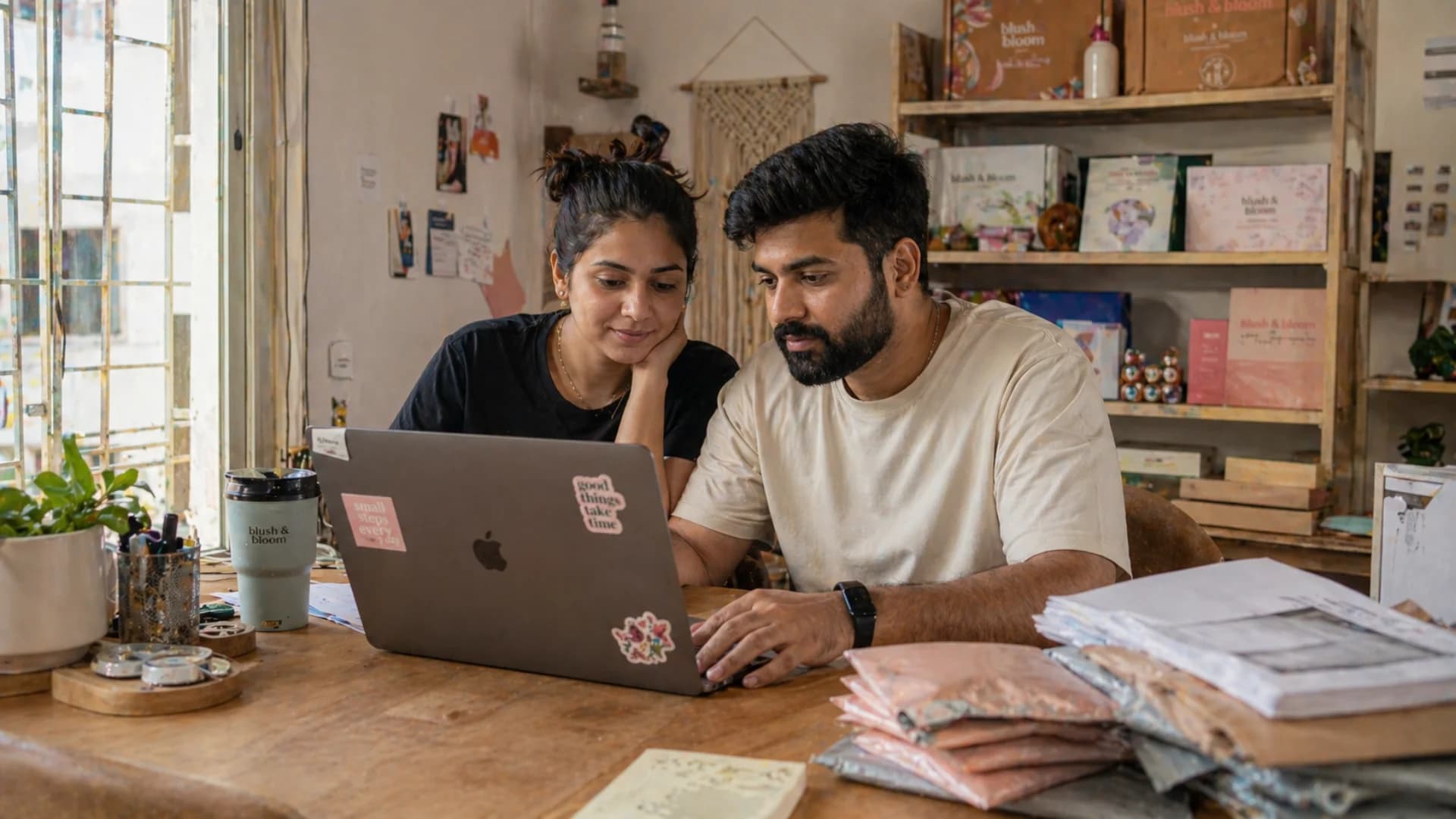 Shopify integration & app development — Indian D2C founder couple reviewing Shopify dashboard at home office with branded packaging
